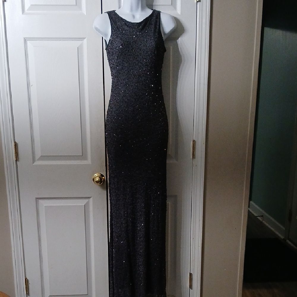 Stenay gray black beaded 100% silk maxi formal prom cocktail dress Sz 4 NWOT